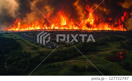 Aerial view of wildfire engulfing forest near residential area, showcasing intense contrast between nature and urban life 127722797
