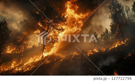 dramatic scene of forest fire with flames engulfing trees, smoke rising, and sparks flying in air 127722798