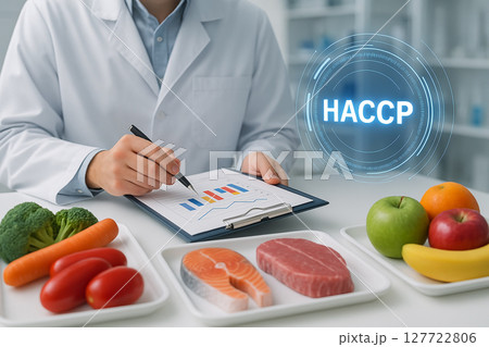 Food safety engineer analyzing bar charts for HACCP compliance with fresh fruits vegetables meat and fish arranged on a table in a professional lab environment 127722806