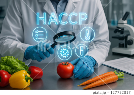 Food safety inspection using magnifying glass and digital HACCP icons to evaluate contamination risk in fresh vegetables under control protocol 127722817