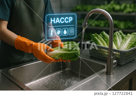 Worker washing romaine lettuce under water stream with orange gloves in a clean food facility under HACCP hygiene control hologram icons for safety procedures 127722841