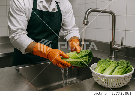 Professional food safety worker cleaning romaine lettuce with water in stainless steel sink for hygiene inspection under HACCP standards and control 127722861