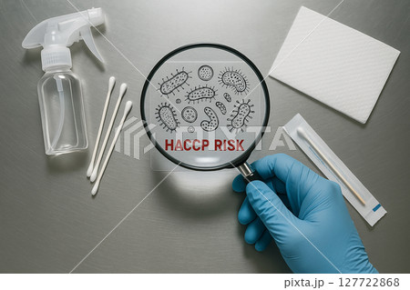 Microbiological contamination risk detection under HACCP protocol using magnifying glass on stainless lab table with cotton swabs and disinfectant 127722868