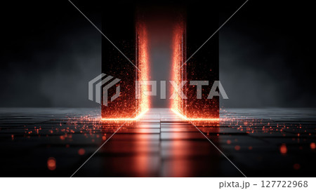 Glowing firewall light digital security concept with sparks and dark background 127722968