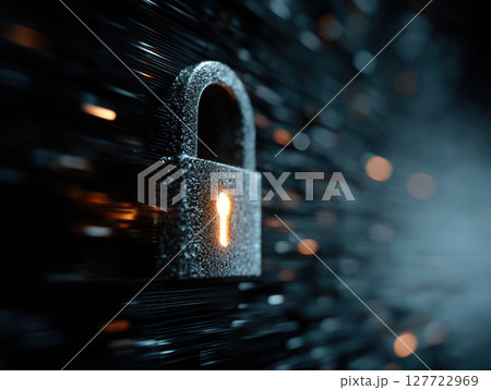 Locked padlock glowing with light symbolizes firewall protection securing digital data from cyber threats dark futuristic 127722969