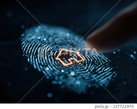 Fingerprint security with smart home icon glowing on digital screen showing technology concept 127722970