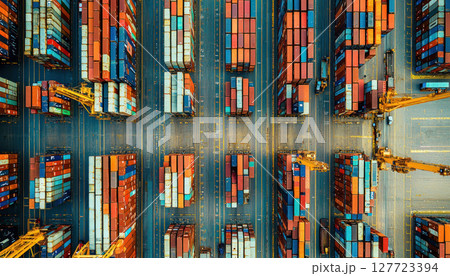 Aerial view of busy industrial docking area with colorful shipping containers. Cranes are loading and unloading cargo, creating vibrant scene 127723394