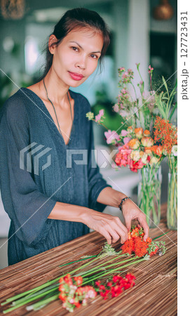 Young southeast asian saleswoman while forms 127723431