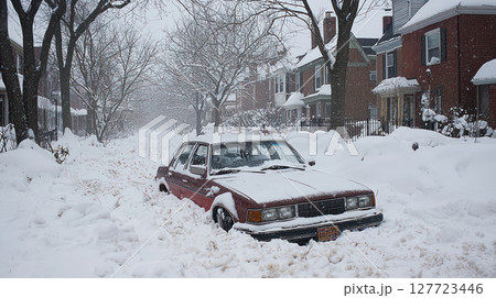 car partially buried in snow on residential street, showcasing winter impact. scene evokes sense of isolation and challenges of heavy snowfall 127723446