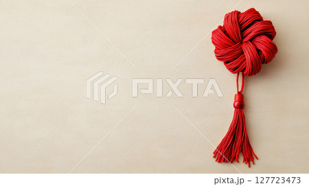 vibrant red decorative knot with tassel, symbolizing good fortune and prosperity. This intricate design adds elegance to any setting 127723473