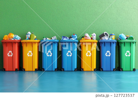 Colorful trash containers lined up against green wall, filled with recyclable waste. vibrant scene promoting recycling awareness Colorful trash containers lined up against green wall, filled with recyclable waste. vibrant scene promoting recycling awareness 127723537