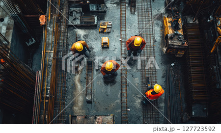 Construction workers in safety gear at building site, viewed from above, showcasing teamwork and progress 127723592