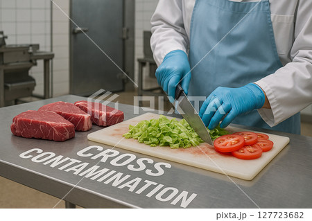 Cross Contamination risk in commercial kitchen as raw meat is placed beside fresh vegetables on the same cutting board during food preparation under hygienic conditions 127723682