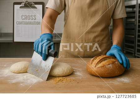 Cross Contamination concern in bakery as raw dough and baked bread are handled with same tool emphasizing risk in shared surfaces within food manufacturing facilities 127723685