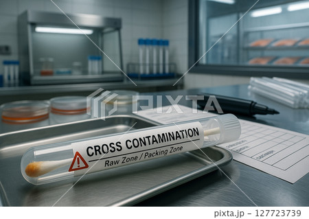 Cross Contamination testing swab inside labeled test tube placed on metal tray in food safety laboratory environment used for quality inspection and contamination analysis 127723739