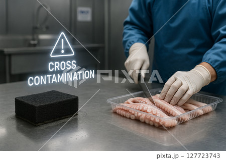 Cross Contamination Alert in Seafood Processing Zone with Worker Handling Raw Octopus Tentacles Near Unsanitized Sponge in Industrial Food Safety and HACCP Monitoring Area 127723743