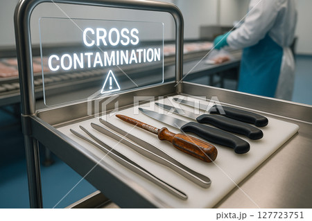 Cross Contamination risk in trout fillet vacuum-packing line showing shared knives and tools on clean workstation in hygienic food processing environment under safety protocol 127723751