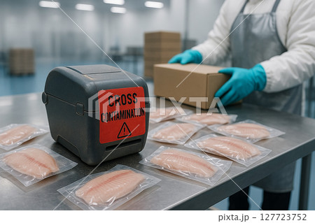 Cross Contamination warning in export packaging line for vacuum-sealed Nile tilapia fillets with labeling device on stainless table in temperature-controlled food facility 127723752