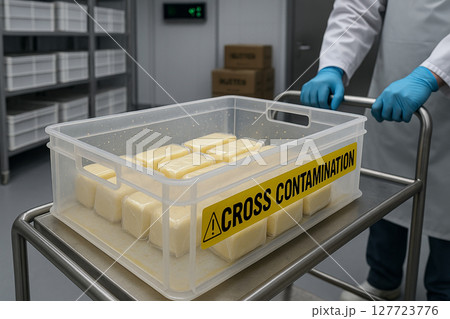 Cross contamination alert in dairy facility with whey-stained transport crate carrying vacuum-sealed butter bars on stainless cart under controlled hygienic cold conditions 127723776