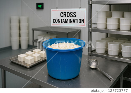 Cross contamination hazard during cheese production with unwashed blue bucket containing fresh curd and visible whey residue under strict hygienic processing room conditions 127723777