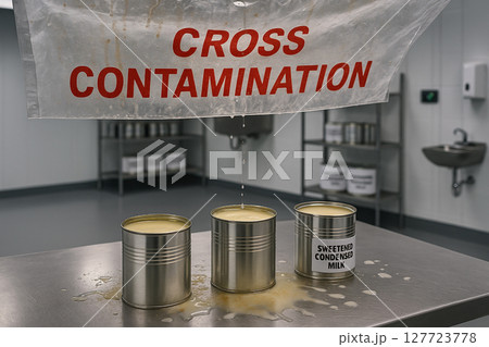 Cross contamination risk from overhead condensation dripping onto open sweetened condensed milk cans in dairy processing zone with visible milk residue and hygiene violation 127723778