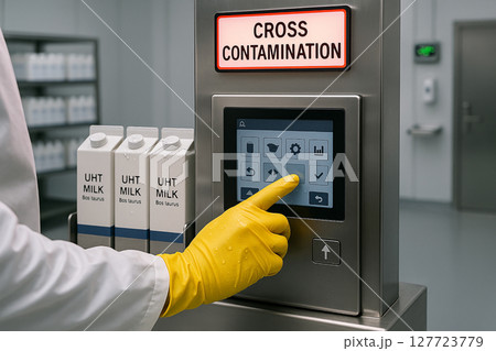 Cross contamination risk in UHT milk aseptic filling area with raw milk residue on touchscreen and gloved hand under active processing alert in high-hygiene dairy environment 127723779