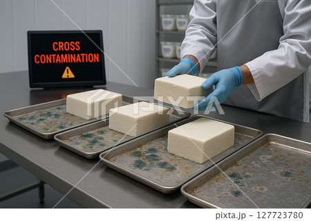Cross contamination risk in cheese handling process with fresh queso fresco placed on unclean trays containing visible mold residues and whey buildup in dairy packaging area 127723780