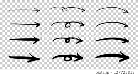 右向きのペンの手書き矢印セット 白黒　ベクター 127723815