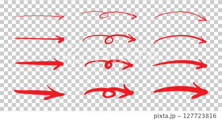 Set of right-pointing pen handwritten arrows Red Vector 127723816
