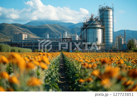 Bright orange flowers stretch towards a modern industrial complex under a clear blue sky in a rural landscape 127723851