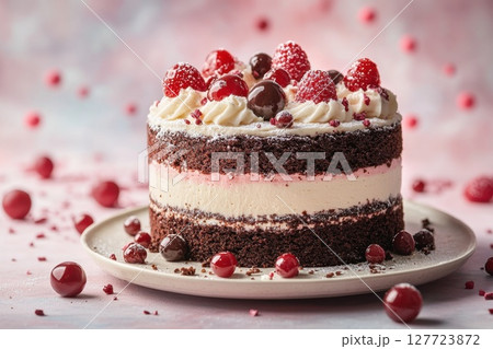 Chocolate raspberry cake decorated with fresh berries and cream on a pastel background during a dessert display event 127723872