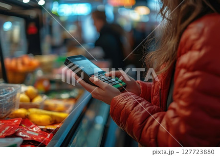 Young person using a mobile payment device in a...のイラスト素材 [127723880 ...