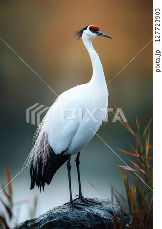 Majestic white crane standing on a rock by the water during early morning in a serene natural setting with soft colors in the background 127723903