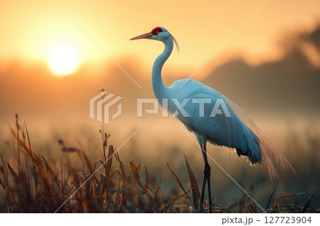 Elegant white heron stands gracefully in wetlands during sunrise, surrounded by golden hues and mist, creating a tranquil morning atmosphere 127723904