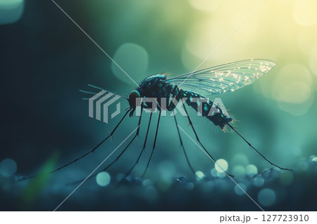 Close-up of a mosquito perched on a surface in soft lighting during the evening hours, showcasing intricate details of its body and wings 127723910
