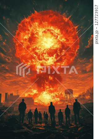 Fireball explosion lights up the night sky as silhouettes stand in awe of the devastation in a post-apocalyptic urban landscape 127723917