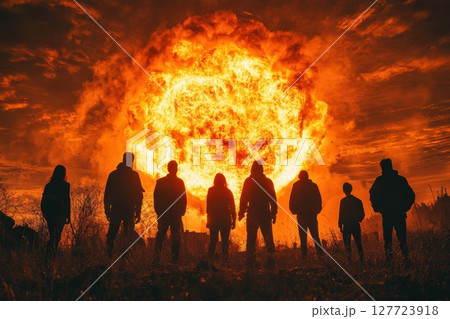 Group of silhouettes watching a massive explosion against a fiery sunset sky during an outdoor scene in a remote location 127723918