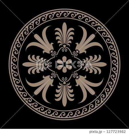 Vector gold round classic frame plate with pattern in center. Greek meander. Circle european border. Round antique border. Patterns of Greece, ancient Rome. Classic egyptian, assyrian, greek motives 127723982
