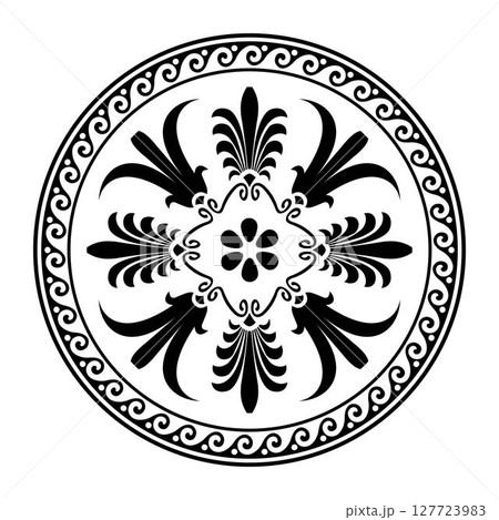 Greek round frame. Round ornament. Greek meander. Patterns of Greece and ancient Rome. Circle european border. Round antique greek border. Typical egyptian, assyrian and greek motives 127723983