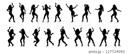 Set of Black silhouette of dancing woman in various poses, isolated on white background, graphic illustration. concept of dance, movement, choreography, icon, logo, design element. 127724093