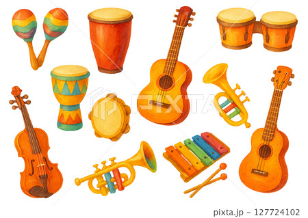 Png set of summer musical instruments with vibrant colors isolated on transparent background. concept of music festival, cultural celebration, joyful entertainment. watercolor design elements 127724102