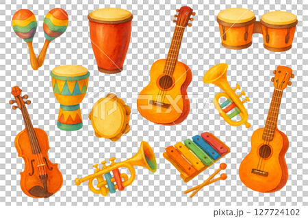 Png set of summer musical instruments with vibrant colors isolated on transparent background. concept of music festival, cultural celebration, joyful entertainment. watercolor design elements 127724102