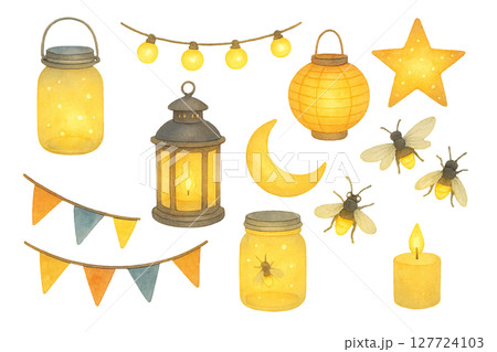 Png watercolor night decoration set with lanterns, fireflies, and glowing stars isolated on transparent background. concept of magical evening decor, whimsical lighting, fairy tale ambiance. 127724103