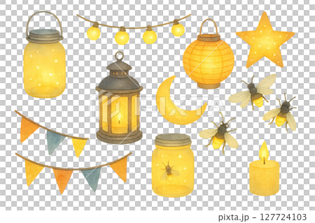 Png watercolor night decoration set with lanterns, fireflies, and glowing stars isolated on transparent background. concept of magical evening decor, whimsical lighting, fairy tale ambiance. 127724103