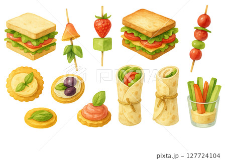 Png watercolor summer snacks set with sandwiches, skewers, and wraps isolated on transparent background. concept of picnic food, party appetizers, casual dining illustrations. 127724104