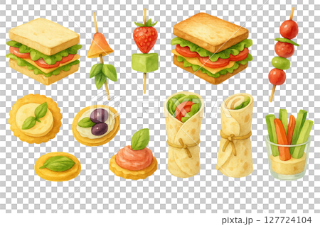 Png watercolor summer snacks set with sandwiches, skewers, and wraps isolated on transparent background. concept of picnic food, party appetizers, casual dining illustrations. 127724104