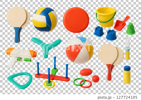 Png set of colorful beach toys and games isolated on transparent background. concept of summer activities, playful outdoor fun, children beach essentials, vibrant holiday playthings Png set of colorful beach toys and games isolated on transparent background. concept of summer activities, playful outdoor fun, children beach essentials, vibrant holiday playthings 127724105