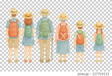 png watercolor set of people of different ages and genders wearing summer clothes and backpacks isolated on transparent background. Concept of travel, family vacation, tourism illustration, clip art 127724115
