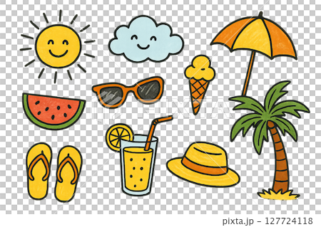 Png set of summer doodles with sun, cloud, ice cream, and tropical elements isolated on transparent background. concept of sunny vacation, holiday symbols, cheerful designs. Png set of summer doodles with sun, cloud, ice cream, and tropical elements isolated on transparent background. concept of sunny vacation, holiday symbols, cheerful designs. 127724118