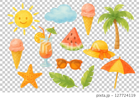 Png set of playful summer icons with sun, clouds, ice cream, watermelon, palm tree, sunglasses, and beach umbrella isolated on transparent background. concept of vacation, fun, leisure design 127724119